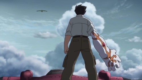 Akiyuki facing off against a Humanform hundreds of miles in the air